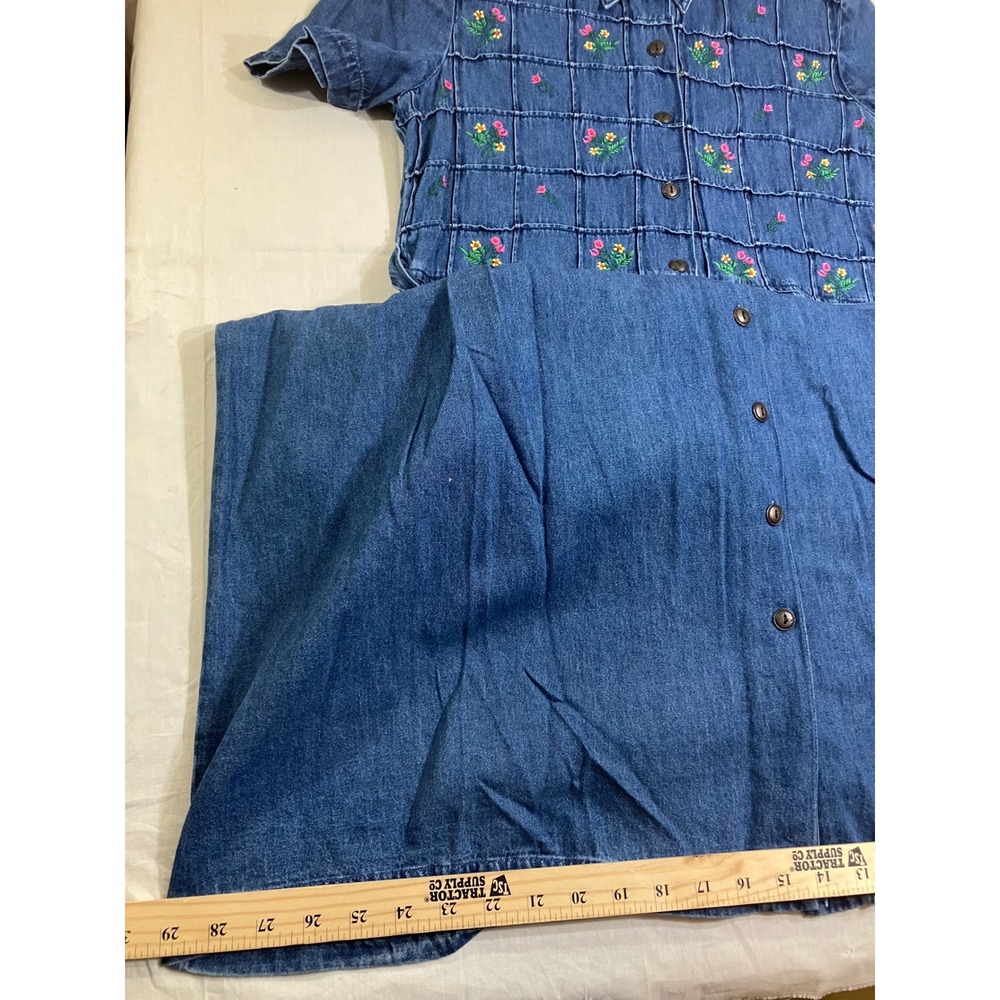 Karin Stevens Vintage 90s Denim Floral Embroidered Midi Dress Blue 6P Cotton - Picture 5 of 12